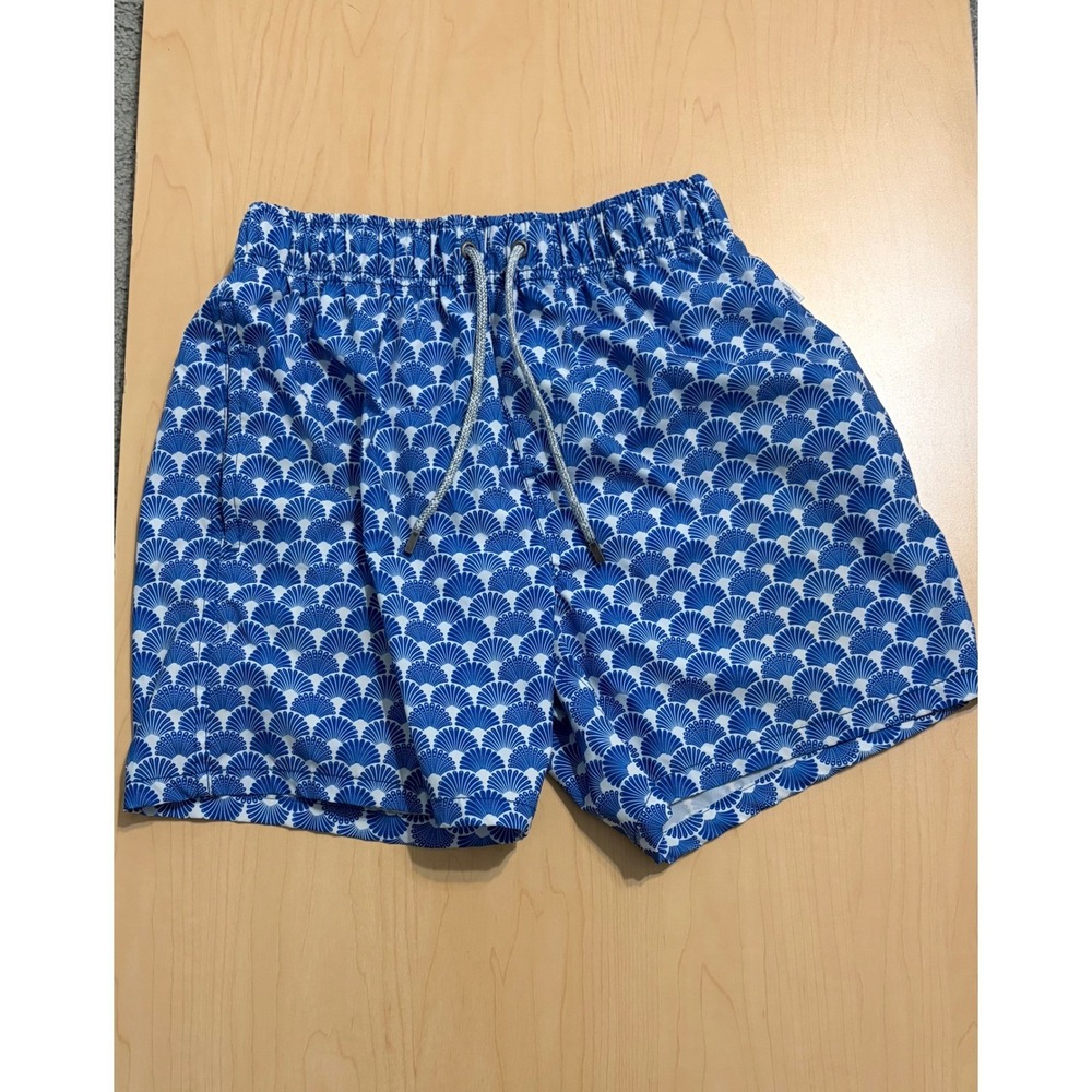 Vintage Summer Mens Blue White Shell Fan Print Swim Trunks Mesh Lined Small